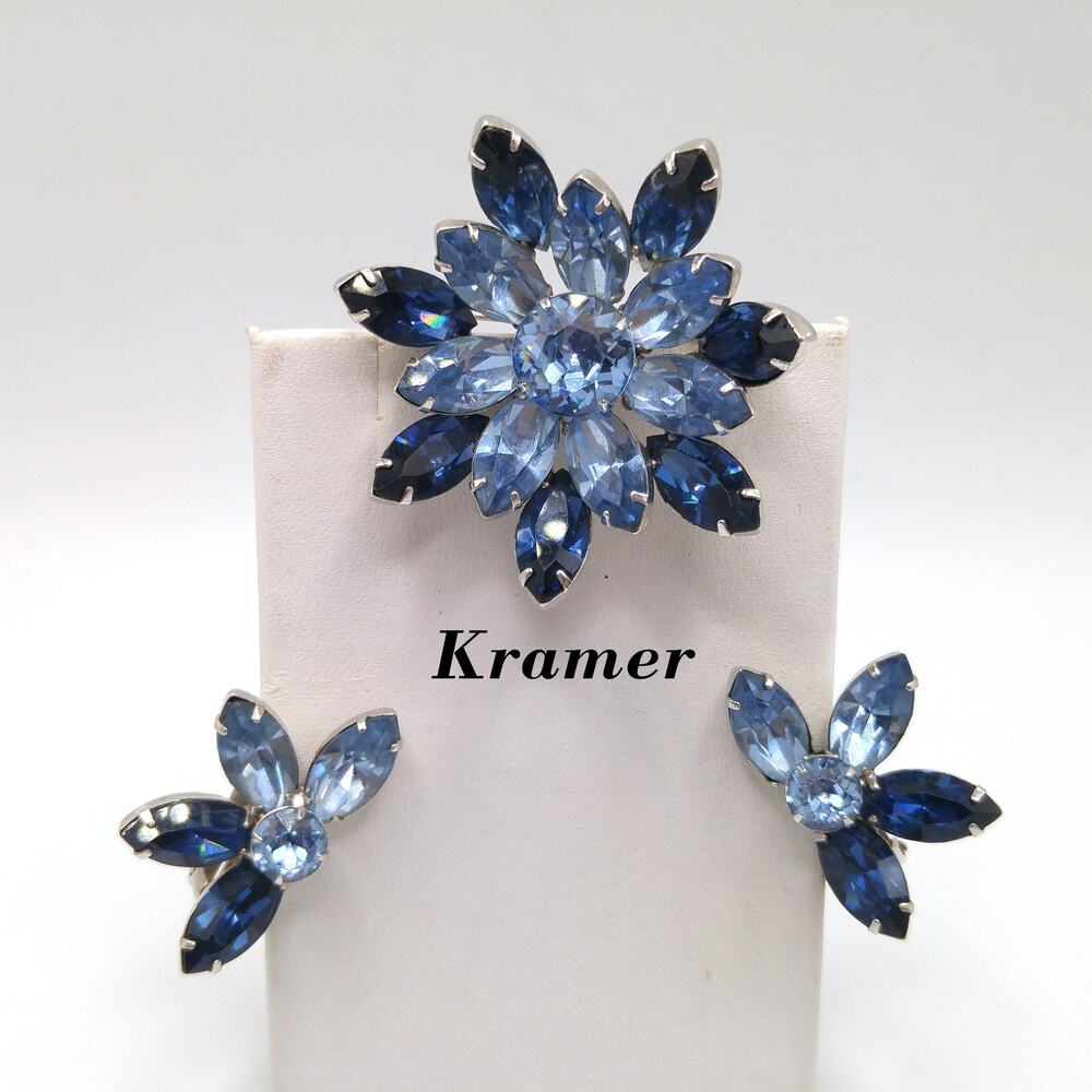 Kramer Blue Rhinestone Brooch Earrings Set, Light Dark Blue Rhodium Plated 1960s